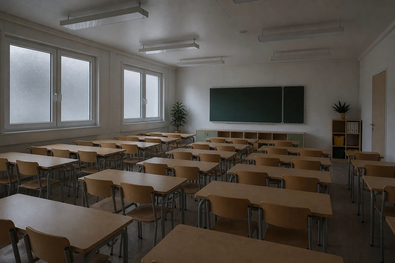 Dunkler Klassenraum mit Milchglasfenstern und dicht stehenden Tischen